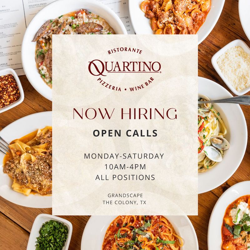 Now Hiring at Quartino The Colony, Texas where we serve delicious Kale Pizza.